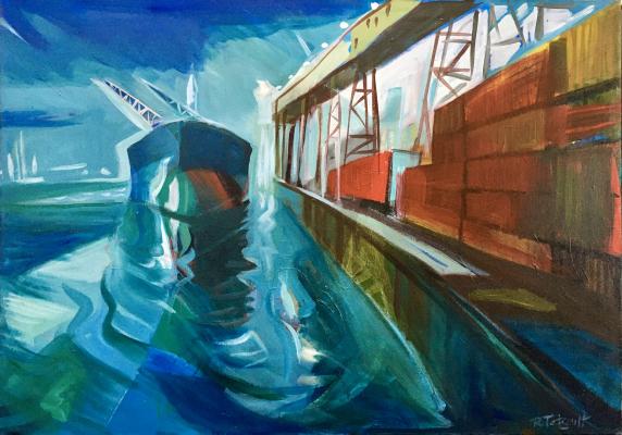 acrylic, industrial landscapes, freighters 